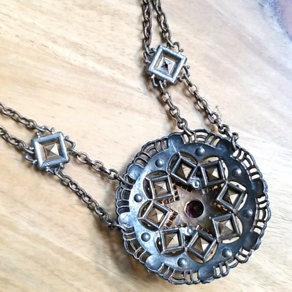 Vintage Antique 1920s Art Deco Gold Tone Brass Rhinestone Medallion Necklace - Picture 14 of 16